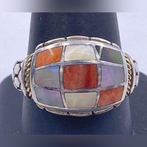 Eric Grossbardt Sterling Silver & 18K Gold Multi Stone Inlay Ring, Size 9.75